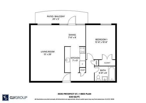 Floor plan 3030 Prospect - 1 Bed Plan A