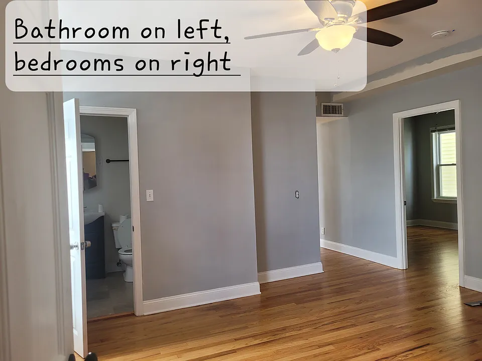 Bathroom on left, bedrooms on right