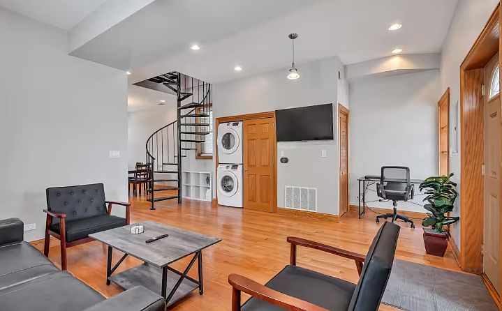 Living room, Washer and dryer.