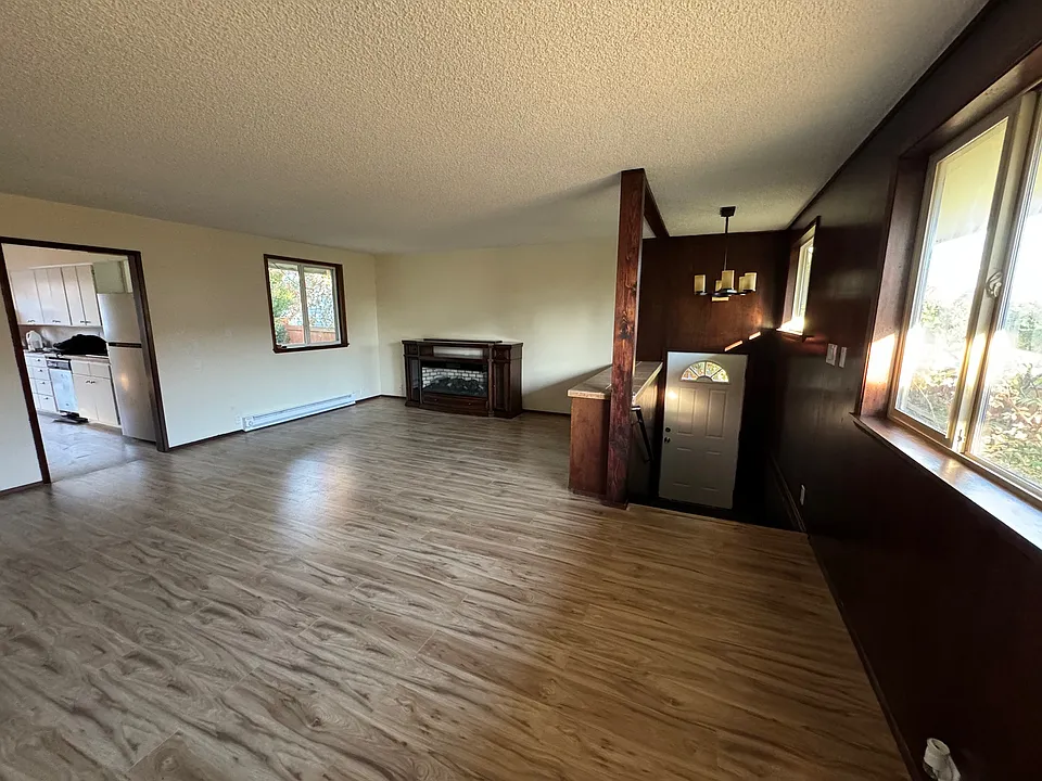 Entry to home and upper-level living room with fireplace.