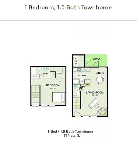 Floor plan 1 Bedroom, 1.5 Bath Townhome