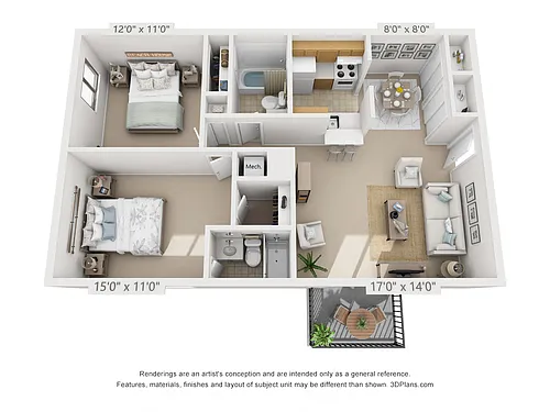 Floor plan 2 Bedroom, 2 Bath (Balcony/Courtyard View)