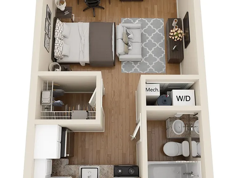 A 3D floor plan rendering of The Sugar Palm.