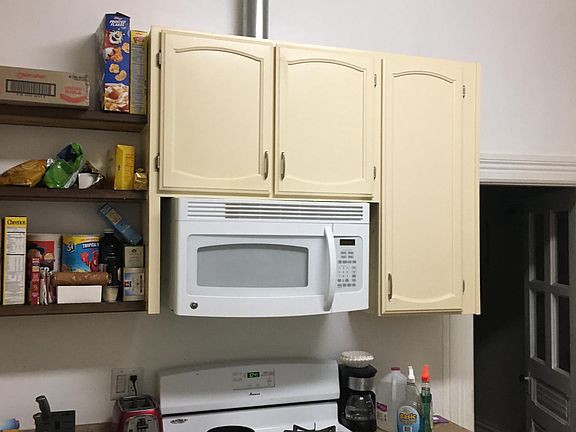 Stove, Microwave and Shelves Country Kitchen