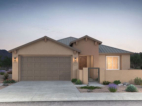 Exterior rendering of the Barleta shown in design style A featuring a two-car garage.