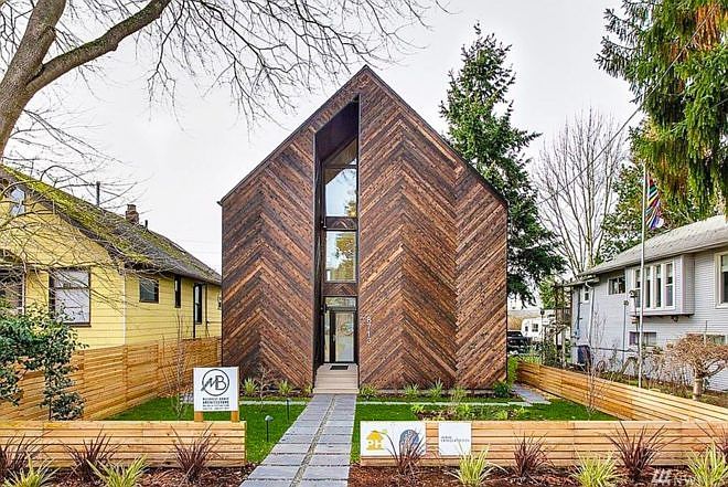 Home front view. Modern, sleak passive home