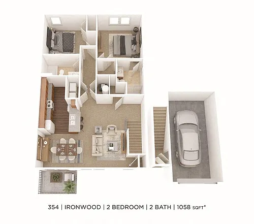 Floor plan Two Bedroom 2 Bath- 1,058 sqft