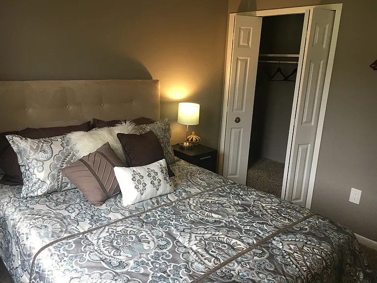 Bedroom with grey walls, a queen bed, nightstand with lamp, and large open closet.