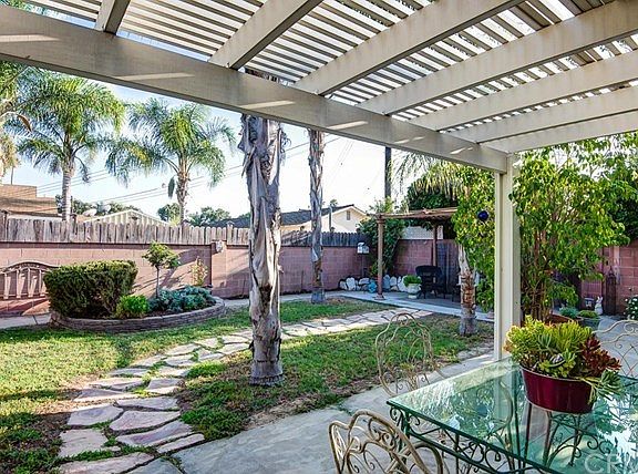 Huge backyard with multiple gardens and patios.