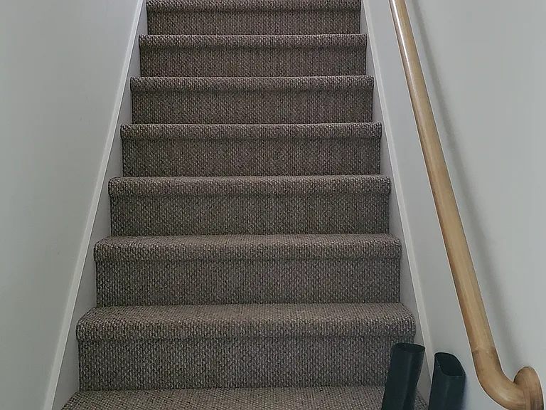 Carpeted stairway leading up to unit