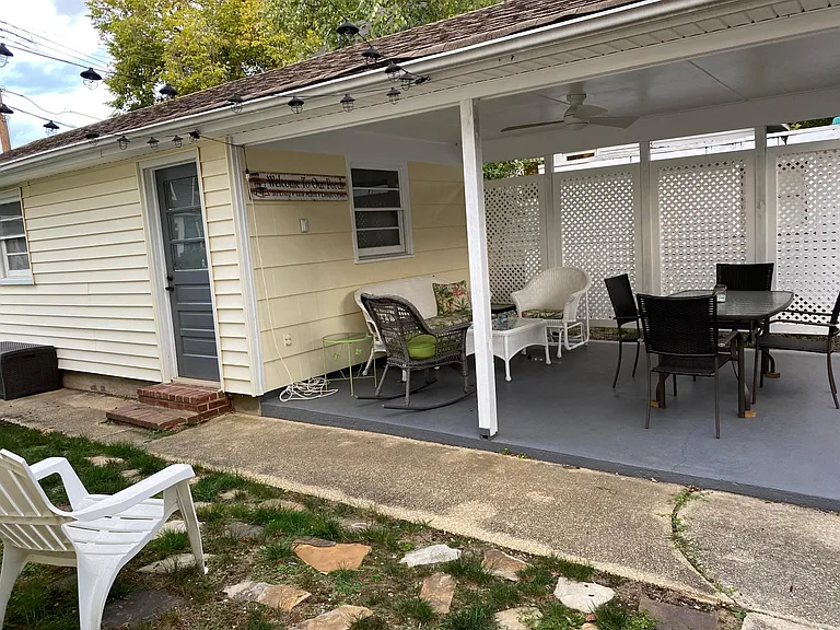 Detached garage and covered patio