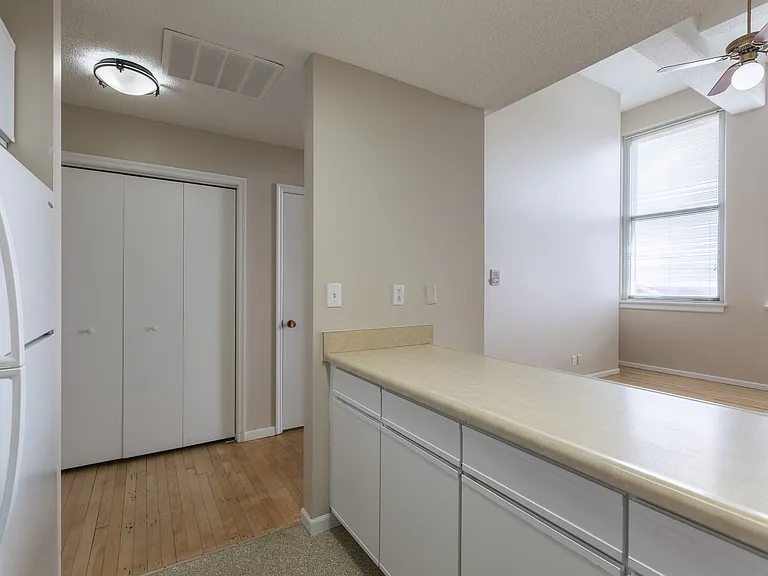 Kitchen view and living room at Rosewater.