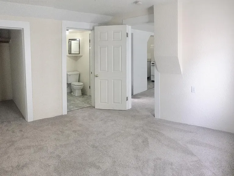 From the bedroom looking left to right; the walk-in closet, the bathroom, through the bedroom door back into the living room.