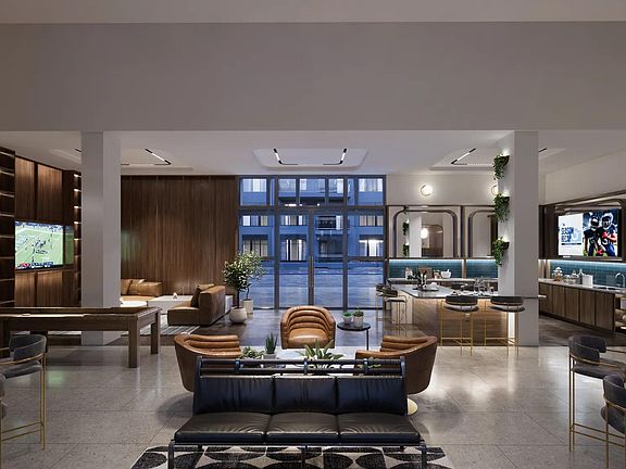 Expansive clubroom with gathering space, demonstration kitchen, and shuffleboard.