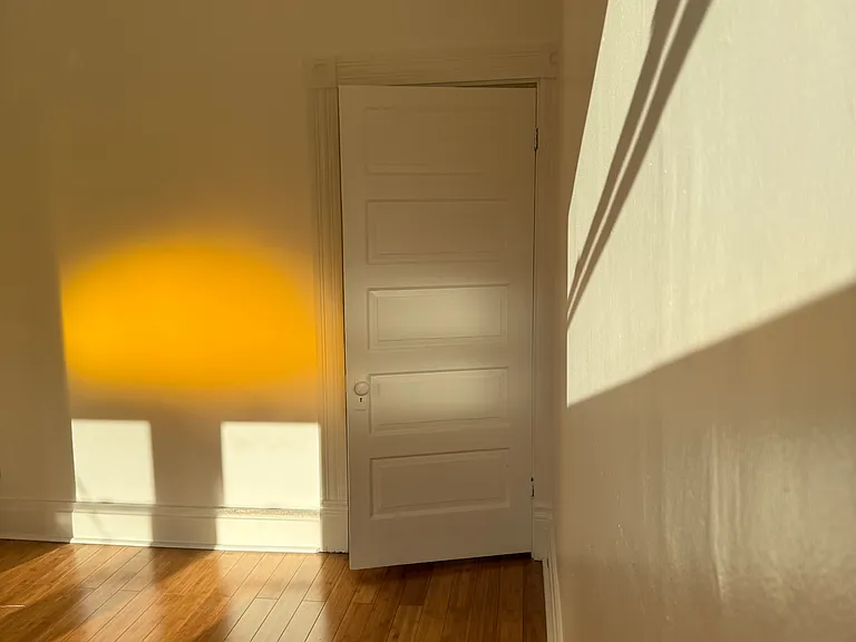 2nd Floor Front Bedroom Closet door _ flooded with light, especially beautiful because of the antique stained glass yellow arched transom window, good sized closet and pristine hearth & fireplace