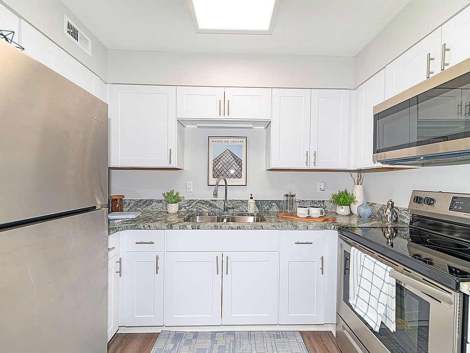Kitchen with granite counters, stainless appliances, and modern cabinetry