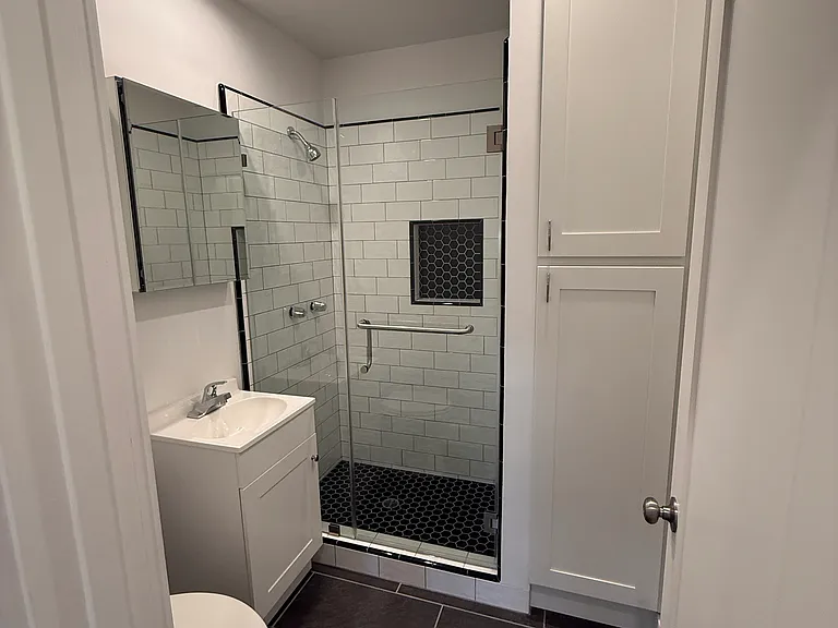 Fully Updated Vintage Style Bathroom with Large Linen Cabinet and Extra Large Shower