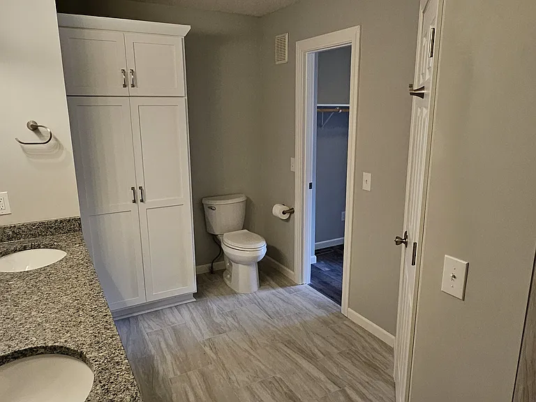 Master bathroom with large cabinet.