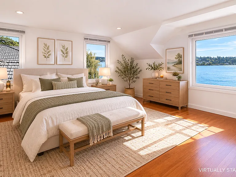 primary bedroom with lake view