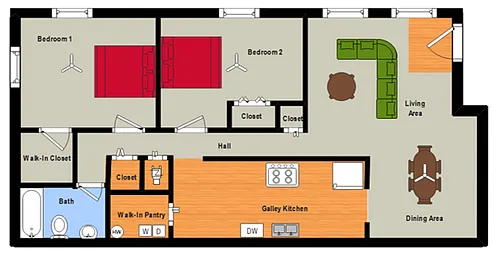 Floor plan 2 Bed, 1 Bath Flat with Dining Room & W/D Hook-Ups