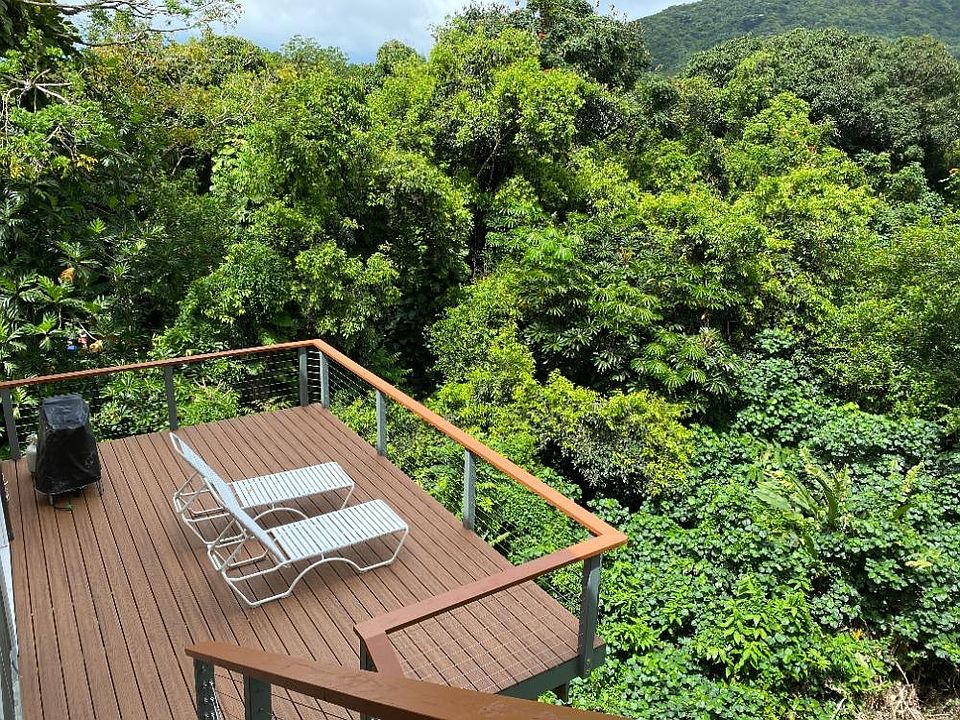Private deck with rainforest mountain view.