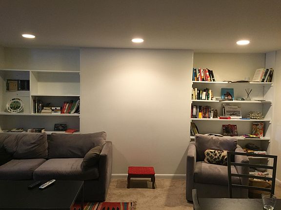 Living room with built in bookcases