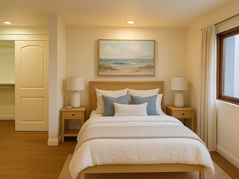 Bedroom with light from lightwell and privacy shades