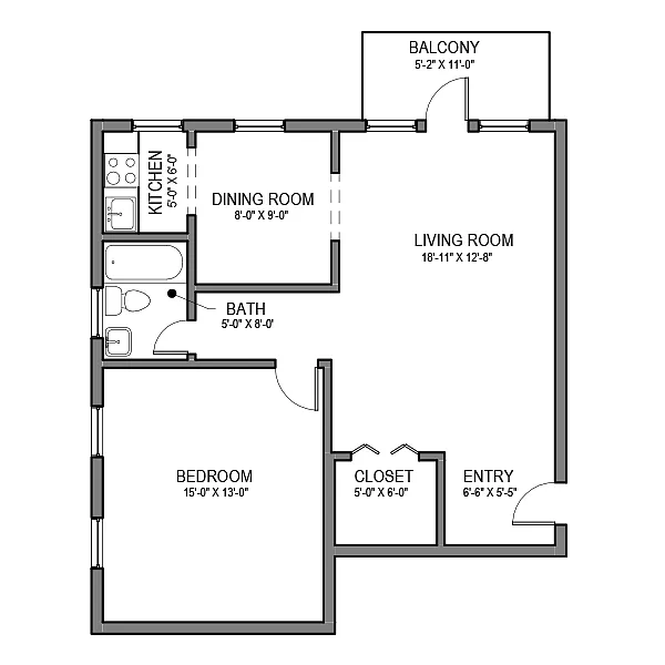 Floor plan 1 BR 1 Bath (Balcony) A