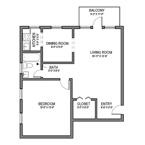 Floor plan 1 BR 1 Bath (Balcony) A