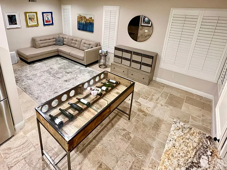 Kitchen island with view of family room