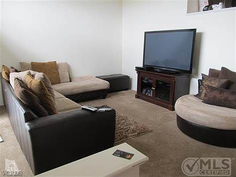 Spacious living room with tall ceilings, carpet and slider access to front yard.