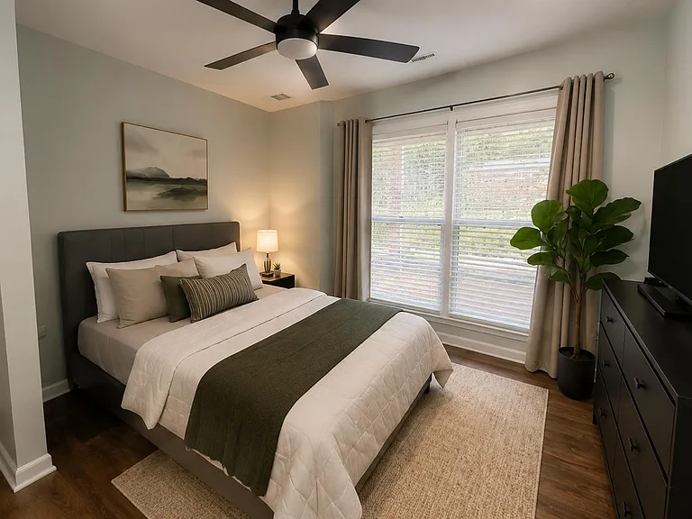 Well-appointed bedroom with a queen bed, ceiling fan, and large window with blinds and curtains for privacy and daylight.