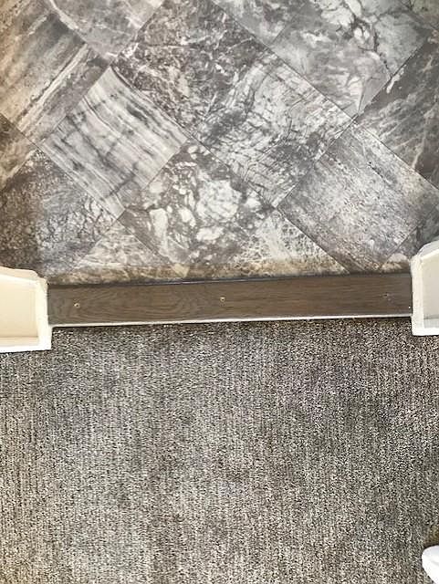 Threshold between kitchen & living room. Kitchen flooring is very, very nice and all and complimentary to Carpet is luxurious and nicer than what you will find in other apts.