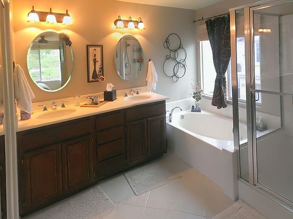 Warm master bathroom.