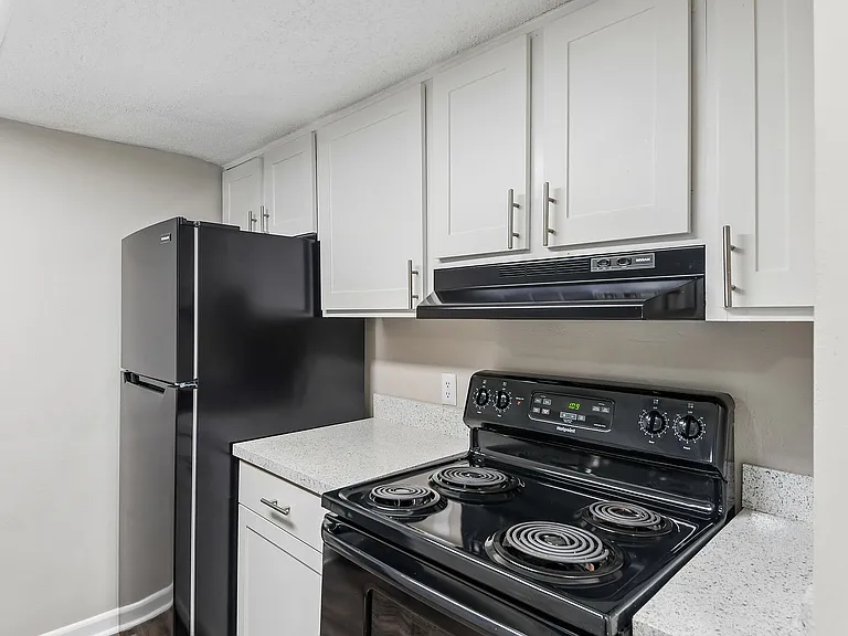 Modern kitchen with sleek black appliances, pristine white cabinetry, and elegant countertop design.