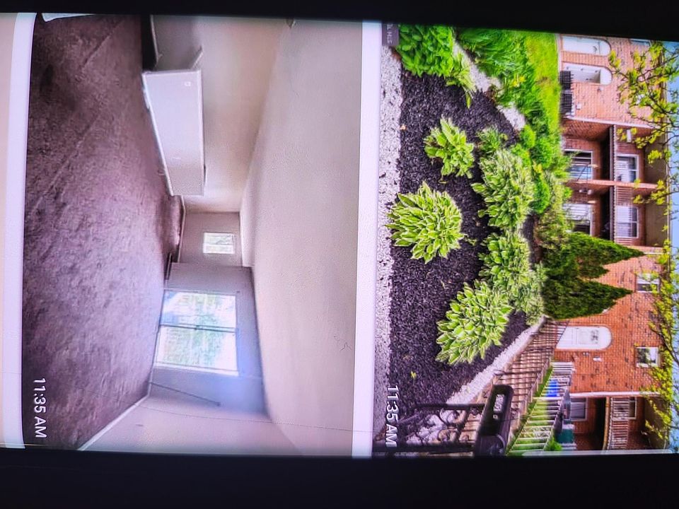 The front of the building and the living room area