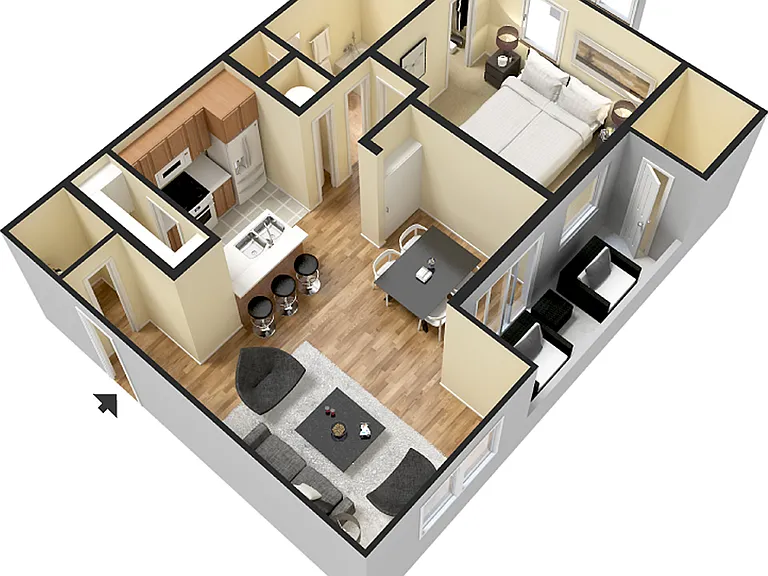Charming 3D floor plan showcasing 2 bedrooms, modern kitchen with bar stools, and a cozy living area with ample natural light. Charming 3D floor plan showcasing 2 bedrooms, modern kitchen with bar stools, and a cozy living area with ample natural light.