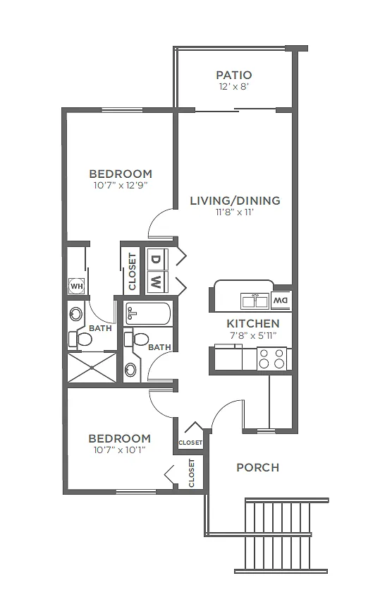 Floor plan 2 Bed, 1.75 Bath B1
