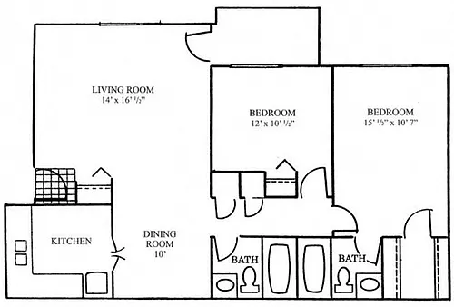 Floor plan Two Bedroom Two Bath Apartment Style B1