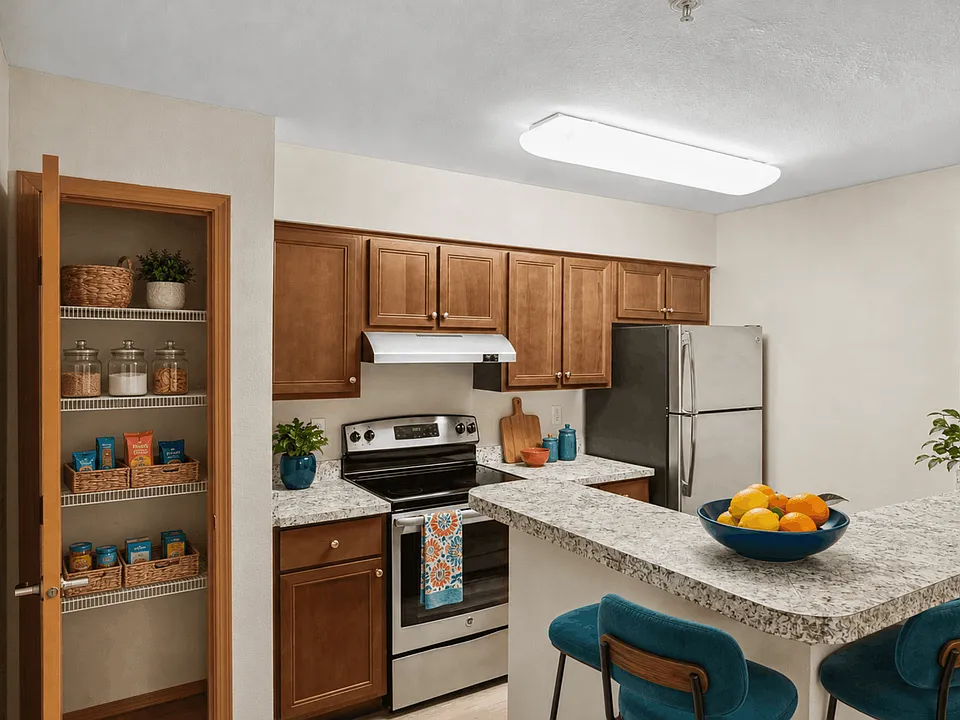 Modern kitchen in the 2x2 Deluxe at Tudor Village at the Mall Apartments.