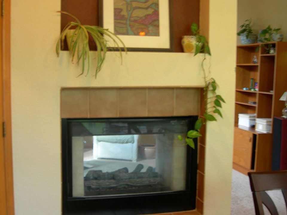 fireplace between kitchen and dining room
