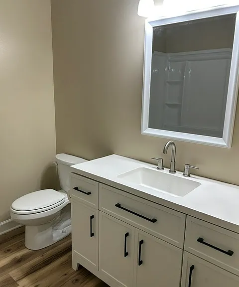 Hall Bathroom with 36-inch door for easier accessibility. New vanity, fixtures, and lighting.