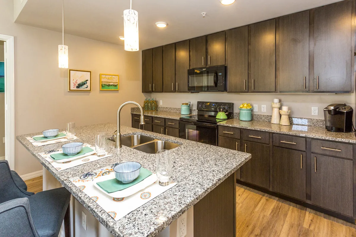 Coralina Apartments | Cape Coral, FL | Sleek Modern Kitchen with Granite Countertops - Coralina Apartments