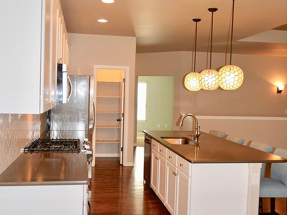 High end gas oven, large pantry, quartz countertops, pendant lighting