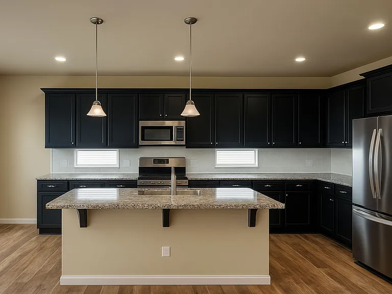 Granite countertop with spacious kitchen, plenty of cabinets and see through windows