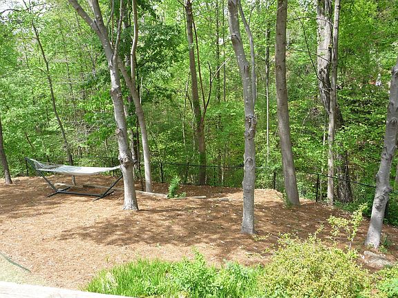 Tree - lined terraced back yard.  Want a pool? Plenty of Room for one!