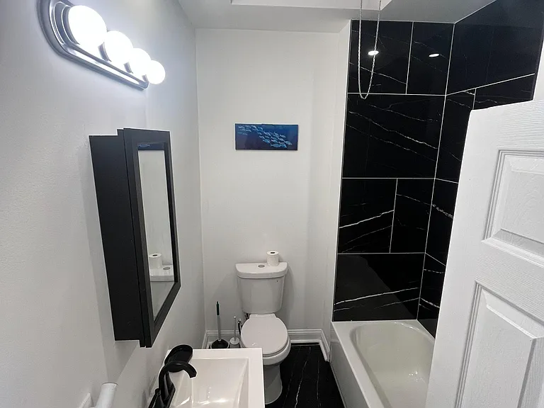Updated full bath featuring a tub/shower combo, sleek black tile accents, and a modern vanity with ample lighting.