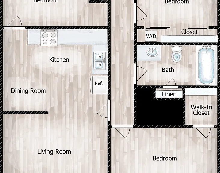 3 Bed 1 Bath End Floorplan Diagram