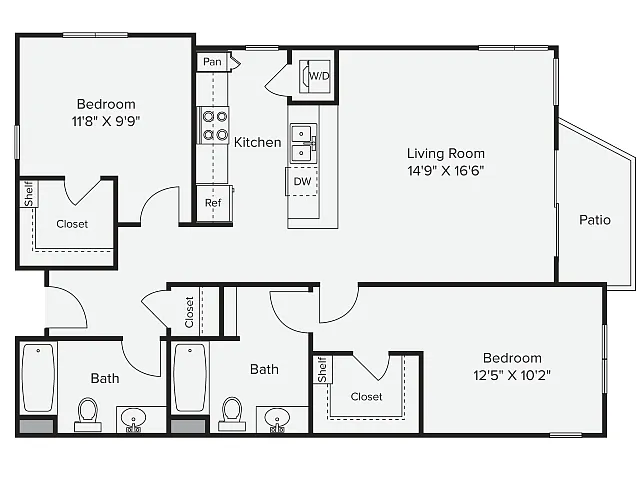 Floor plan 2 Bed 2 Bath 2A - Patio