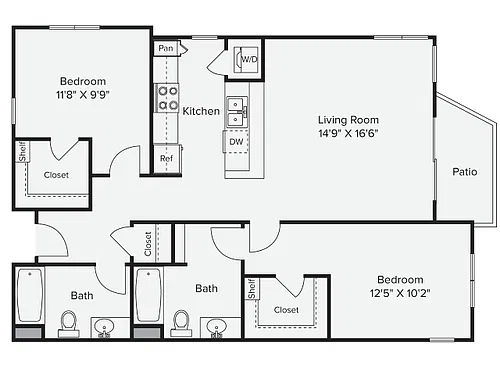 Floor plan 2 Bed 2 Bath 2A - Patio
